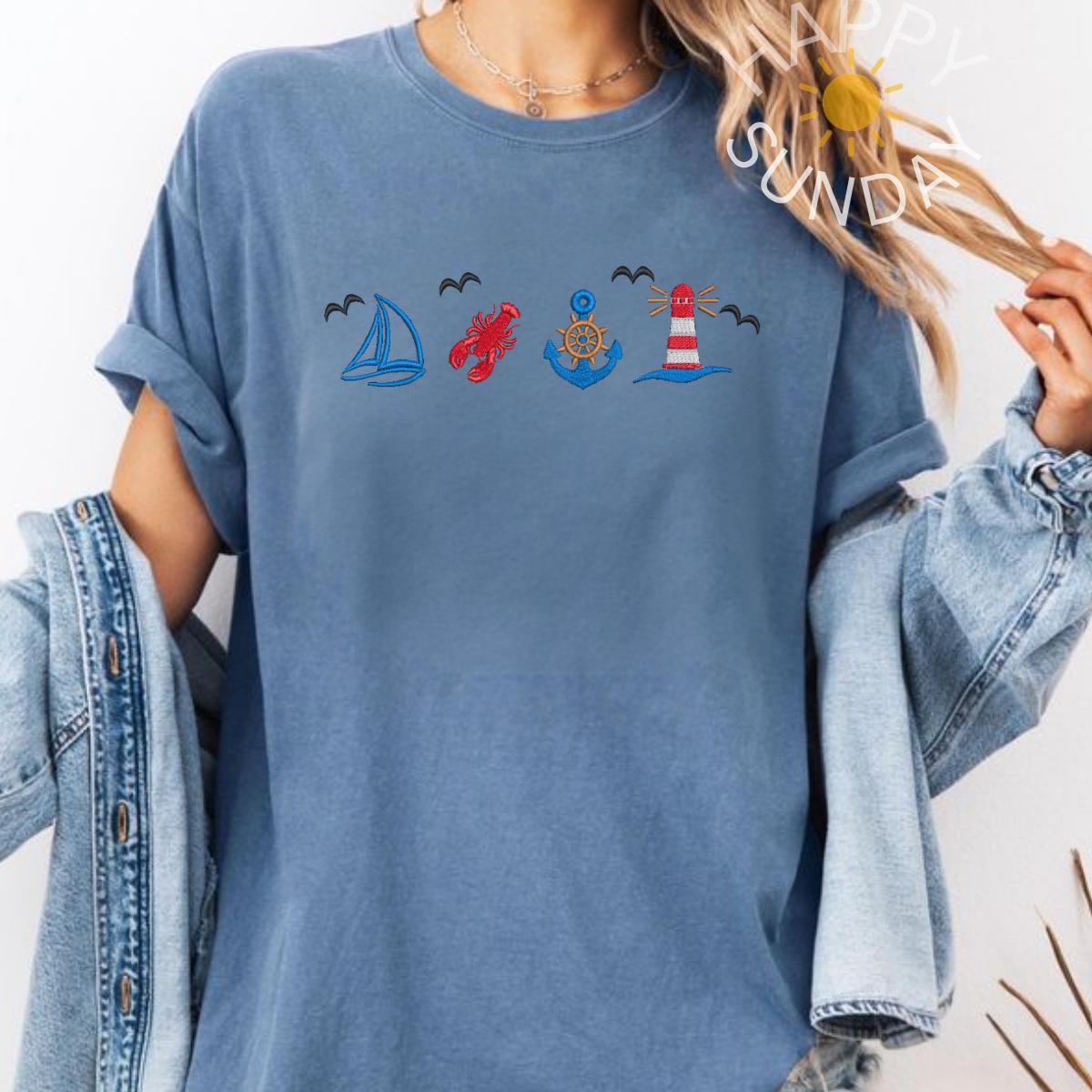 Coastal Nautical Summer Embroidered T Shirt