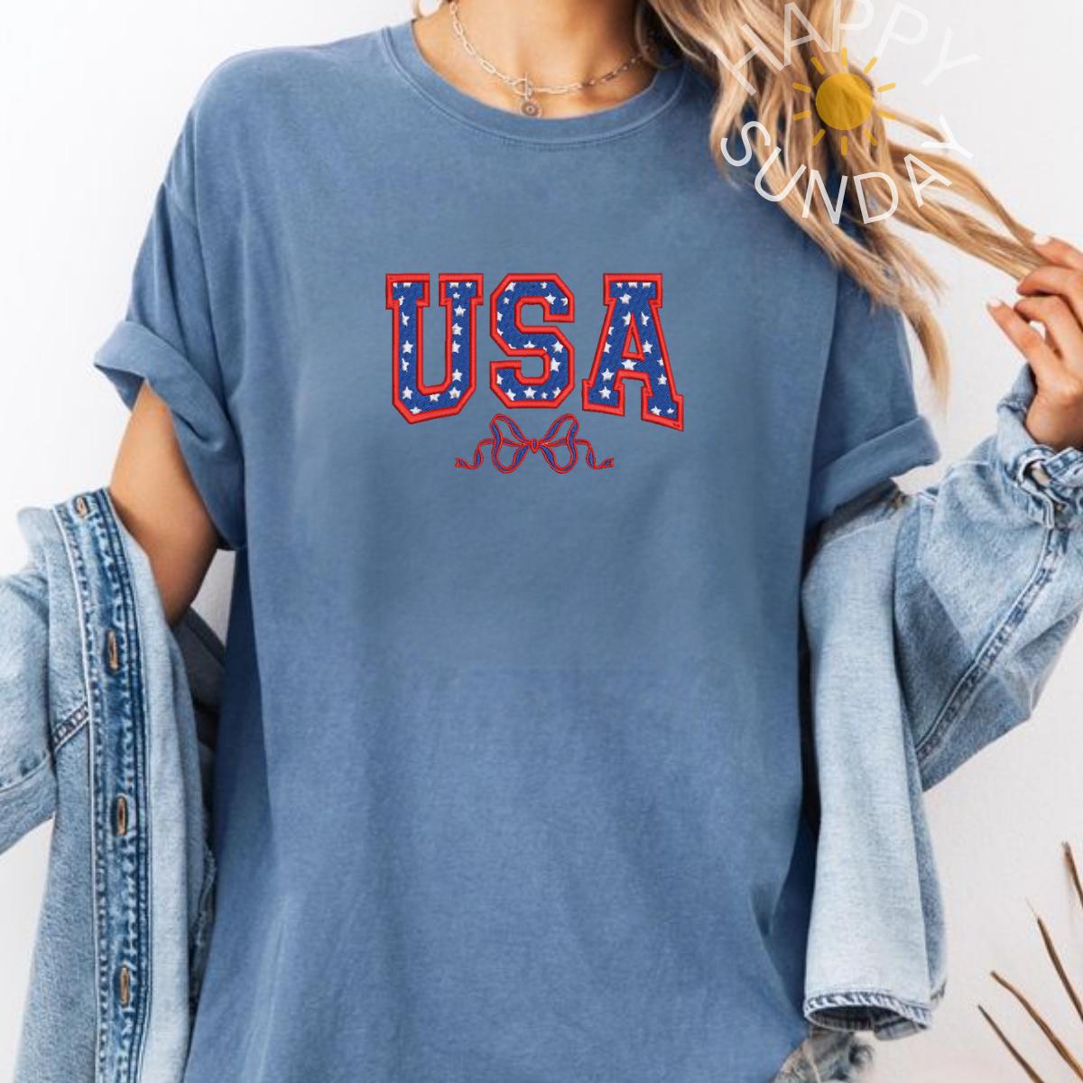 Embroidered USA Bow Coquette T Shirt