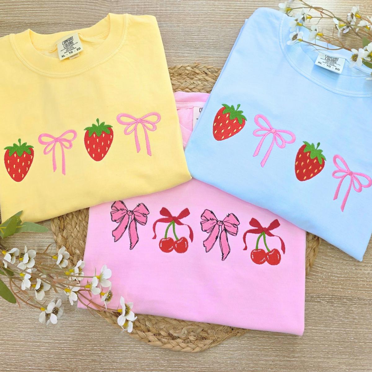 Strawberry Bow Embroidered T Shirt