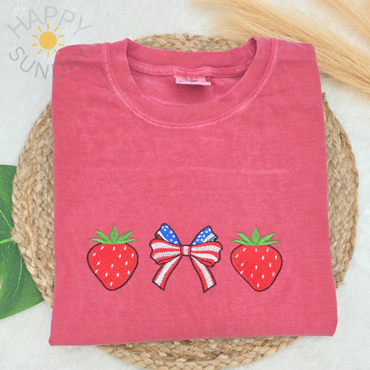 Embroidered Strawberry Bow Coquette T Shirt