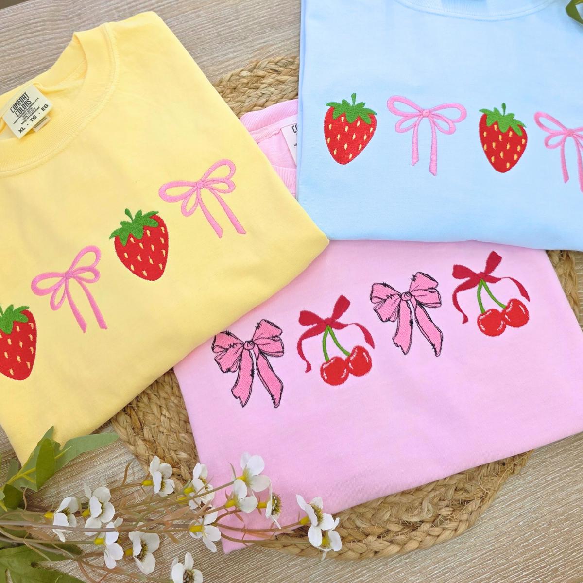 Strawberry Bow Embroidered T Shirt