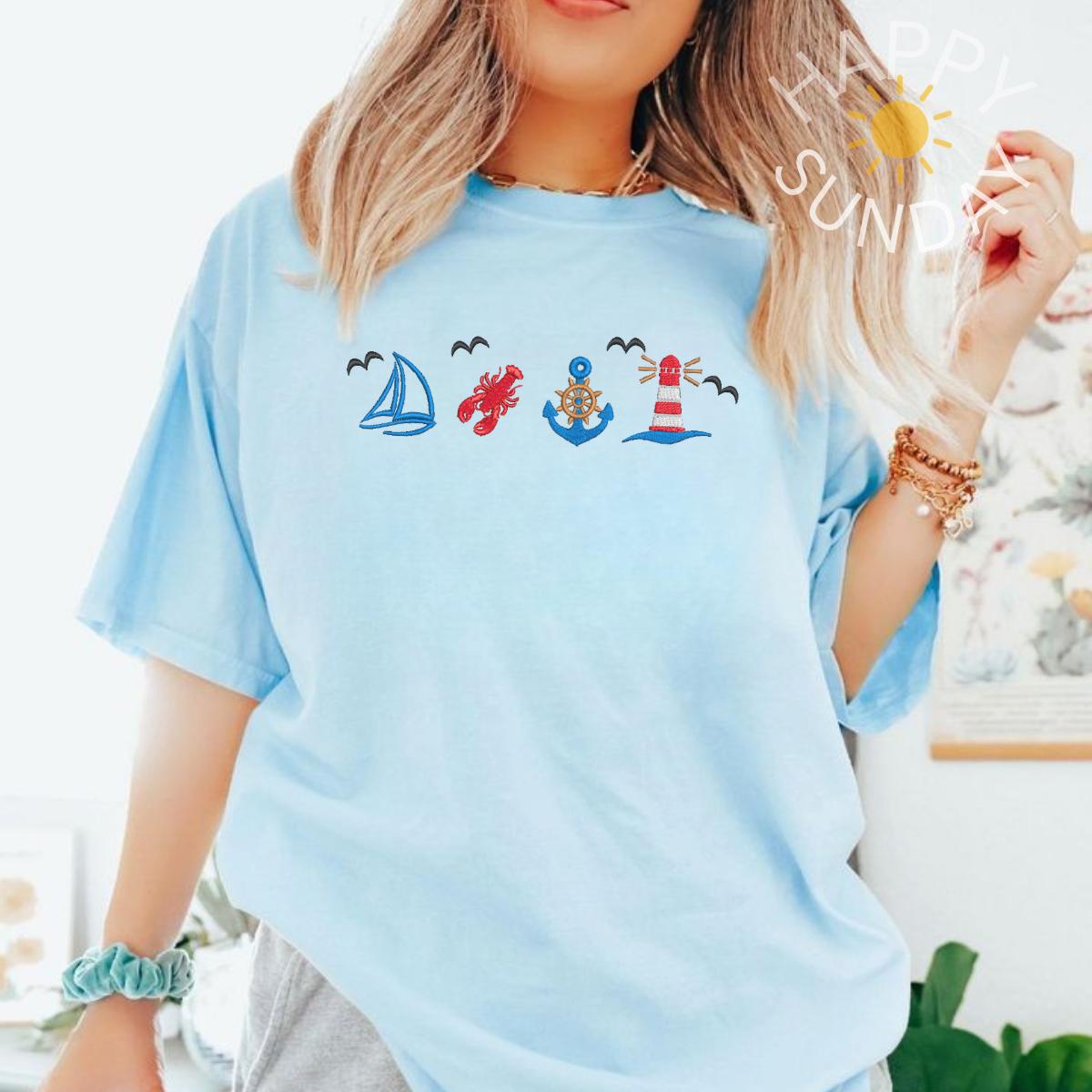 Coastal Nautical Summer Embroidered T Shirt