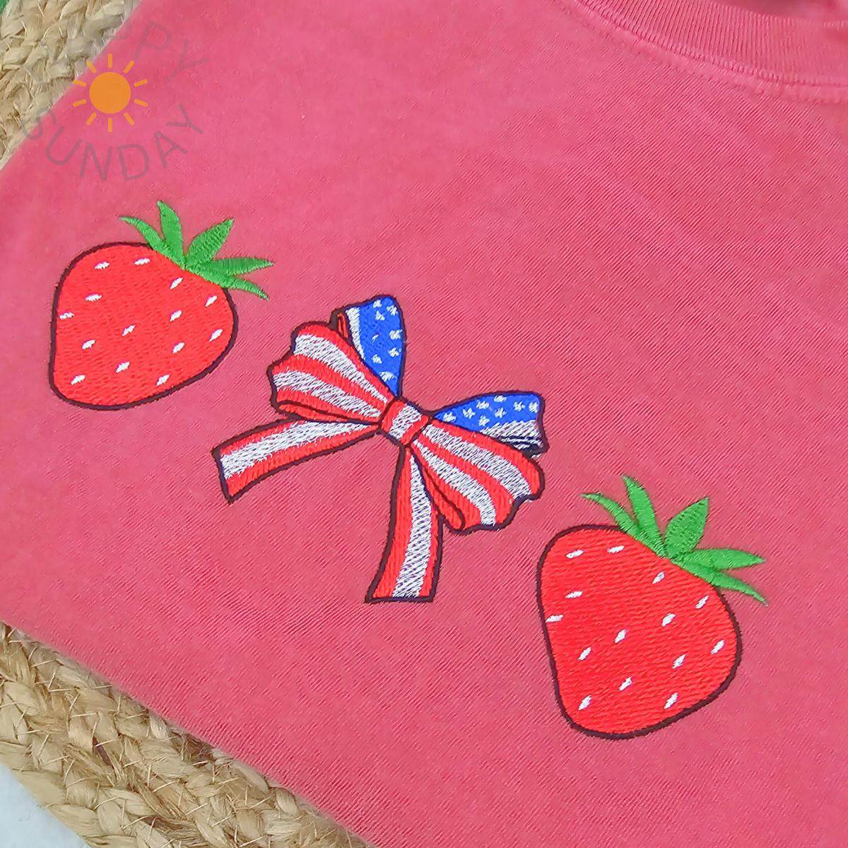 Embroidered Strawberry Bow Coquette T Shirt
