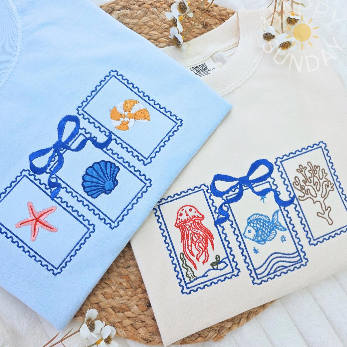 Seashells Stamps Embroidered Shirt
