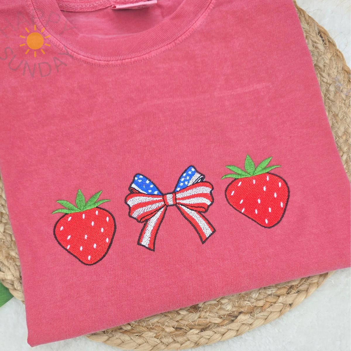Embroidered Strawberry Bow Coquette T Shirt