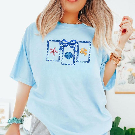 Seashells Stamps Embroidered Shirt